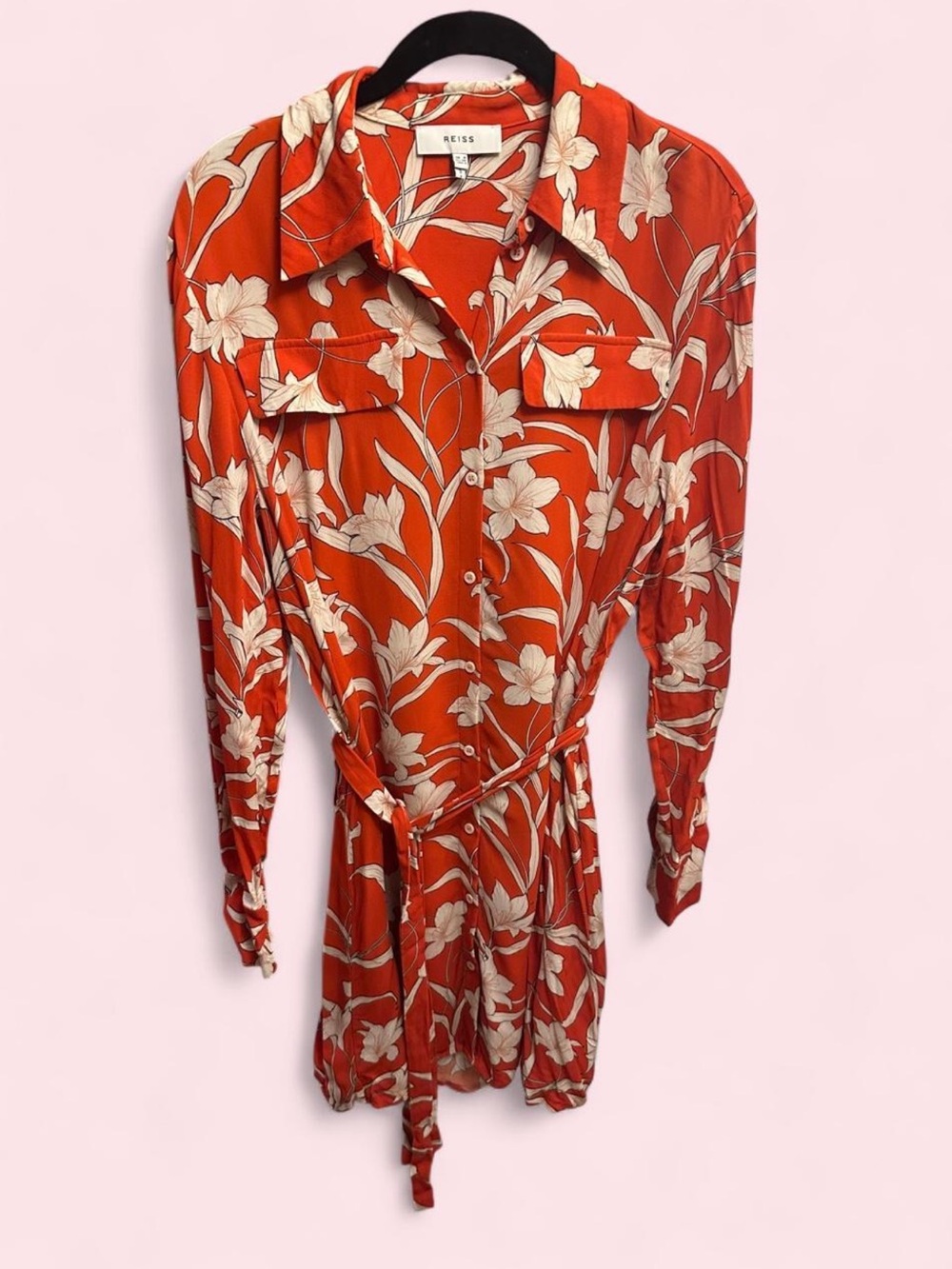Reiss Orange Floral Button-Front Dress With Belt